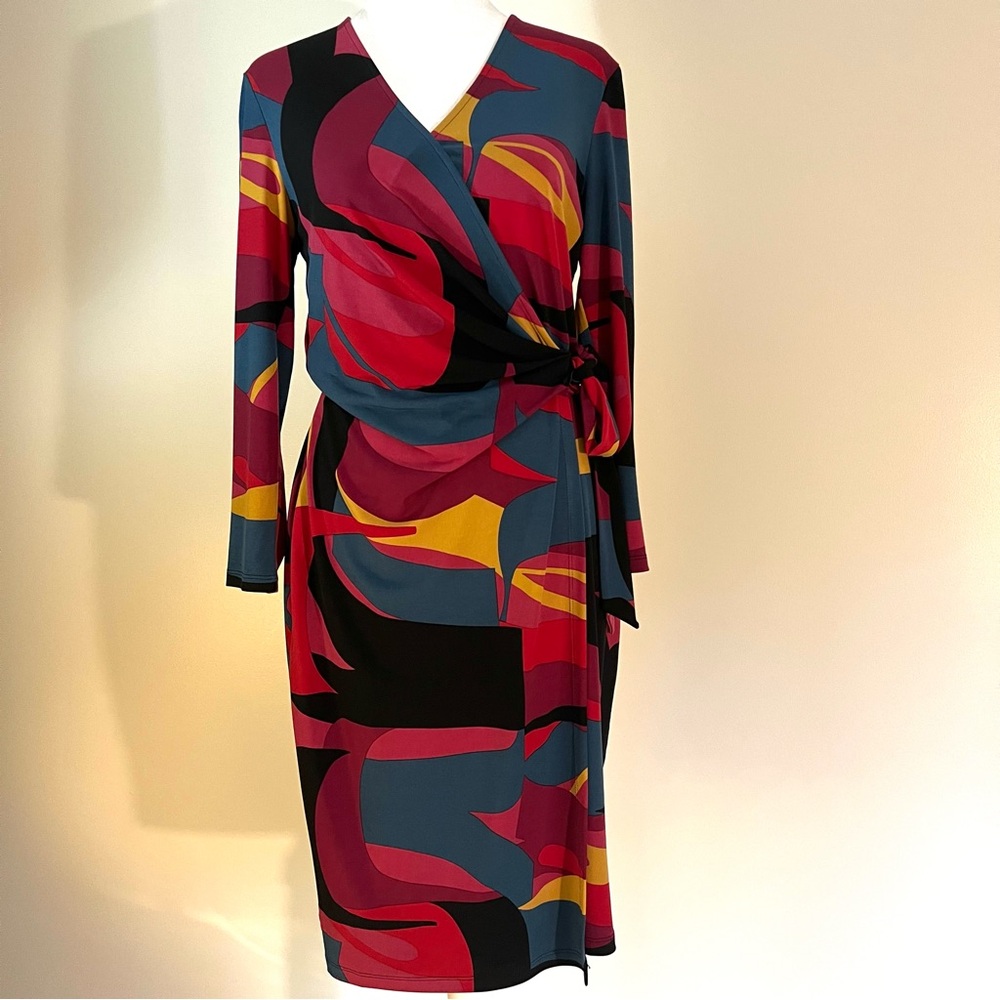 Anne Klein mid century modern inspired print faux wrap dress